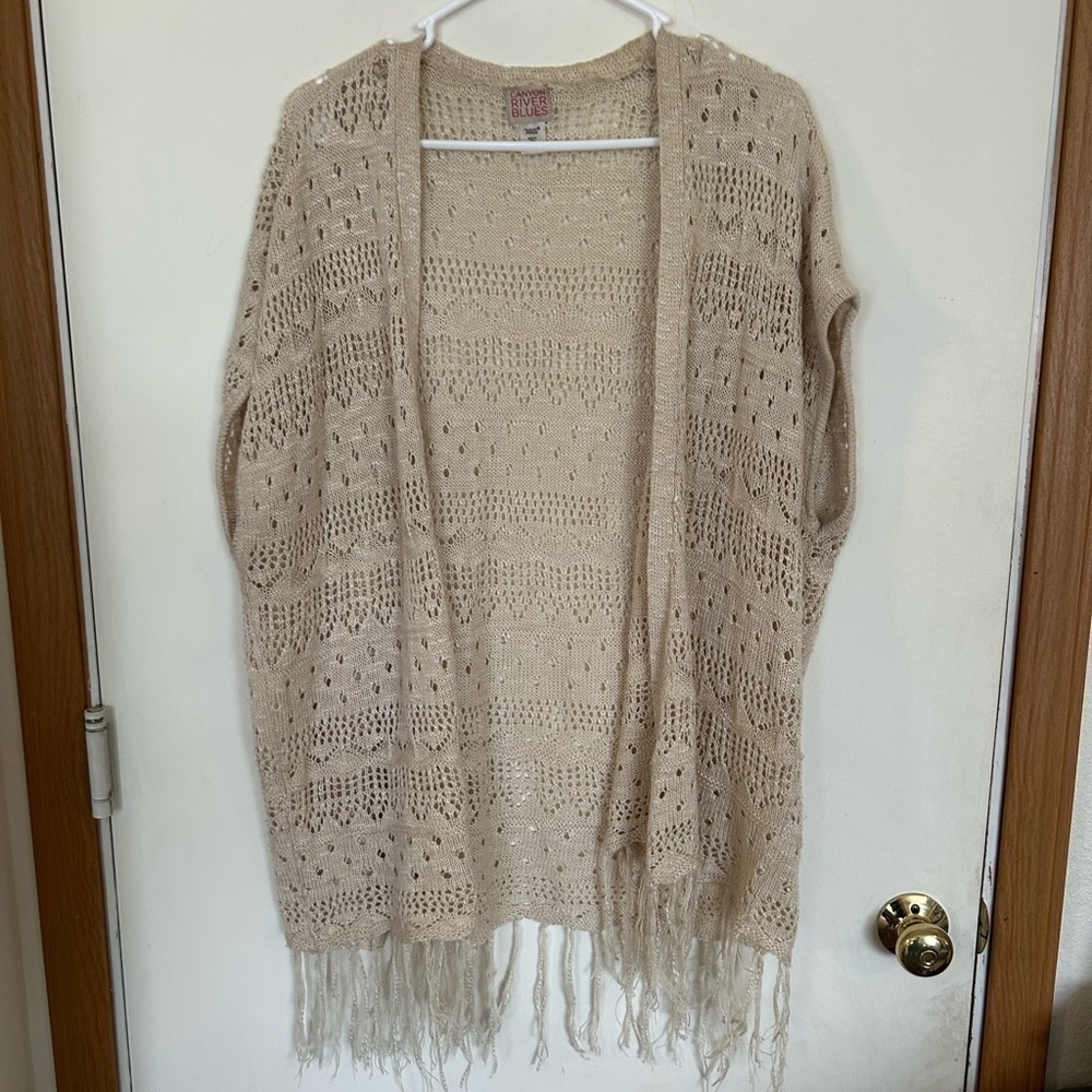 Canyon River blue large open front cream, bohemian cardigan